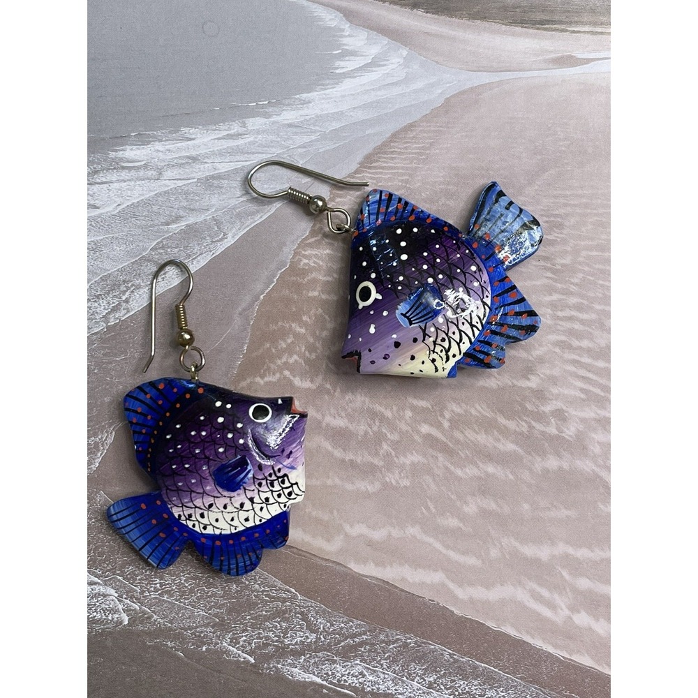 Tropical Fish Hand Painted Dangle Earrings Women Purple Blue